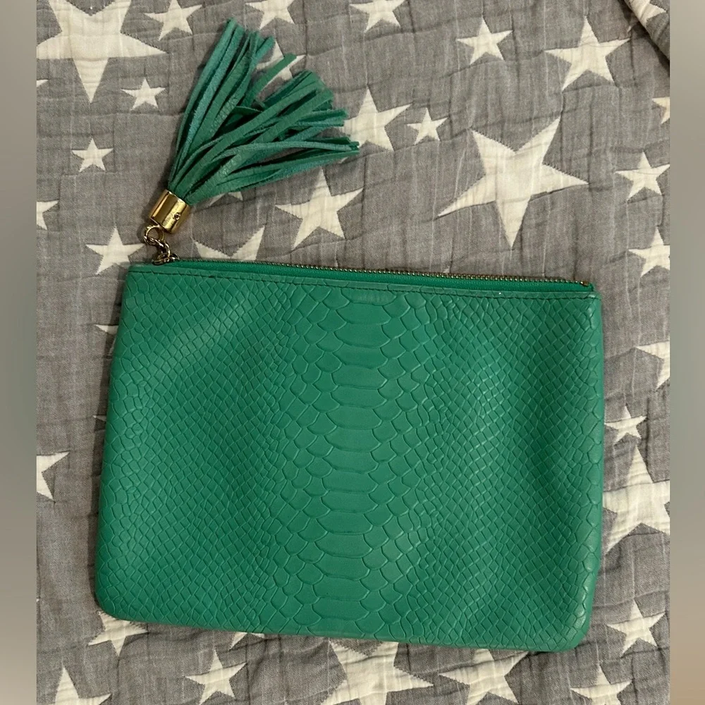 Gigi New York Green Leather Python-Texture Zip Pouch Clutch